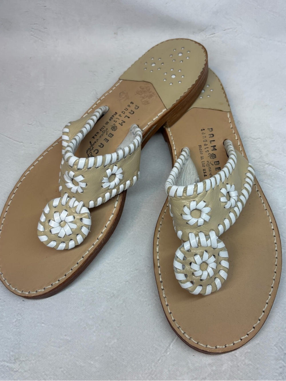 Palm Beach Sandals, Tan and White Leather Sandals, made in USA, size 9